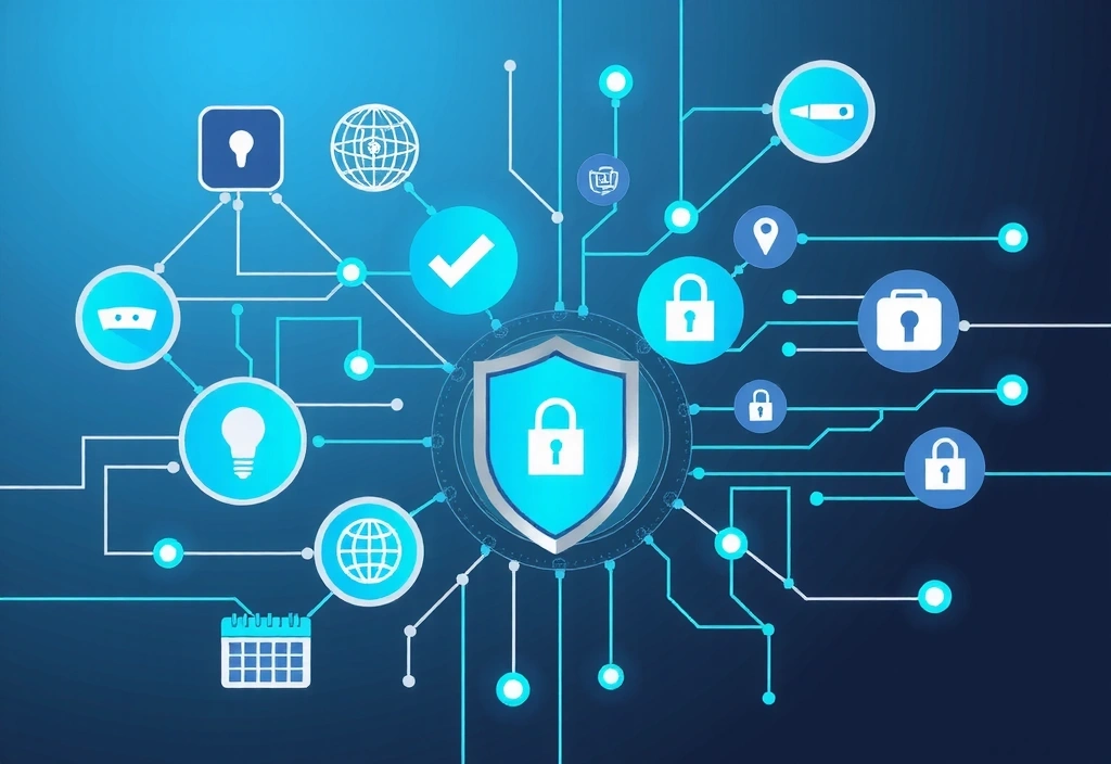 Cybersecurity and data protection illustration with lock and shield